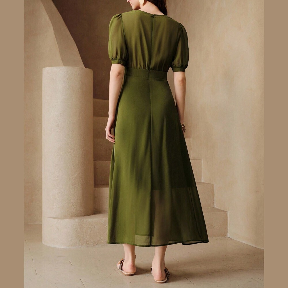 Dark Kelly Green Pintuck Puff Sleeve Maxi Dress - Picture 5 of 7